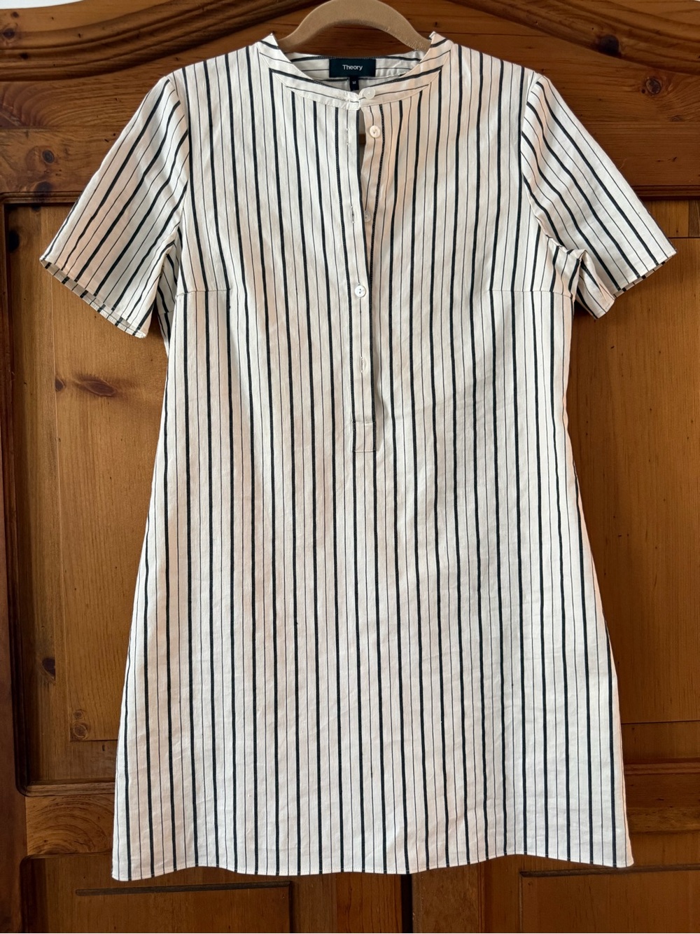 Theory Black and White Vertical-Stripe Short-Sleeve Shift Dress